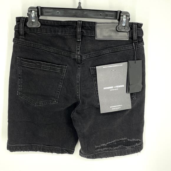 Homme + Femme NEW Distressed Flames Logo Jean Shorts Mens Sz 28 Black Stretch - Picture 5 of 11